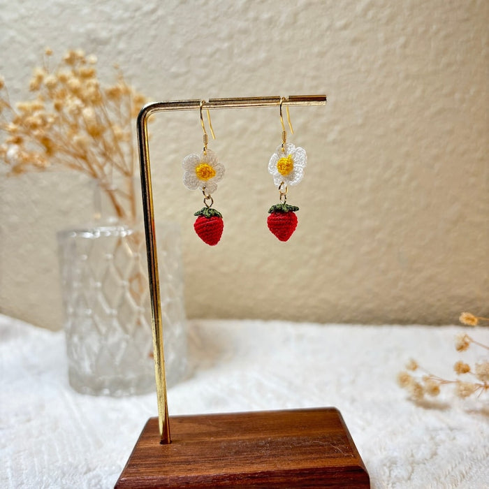 Handmade MicroCrochet Strawberry and Flower Earrings