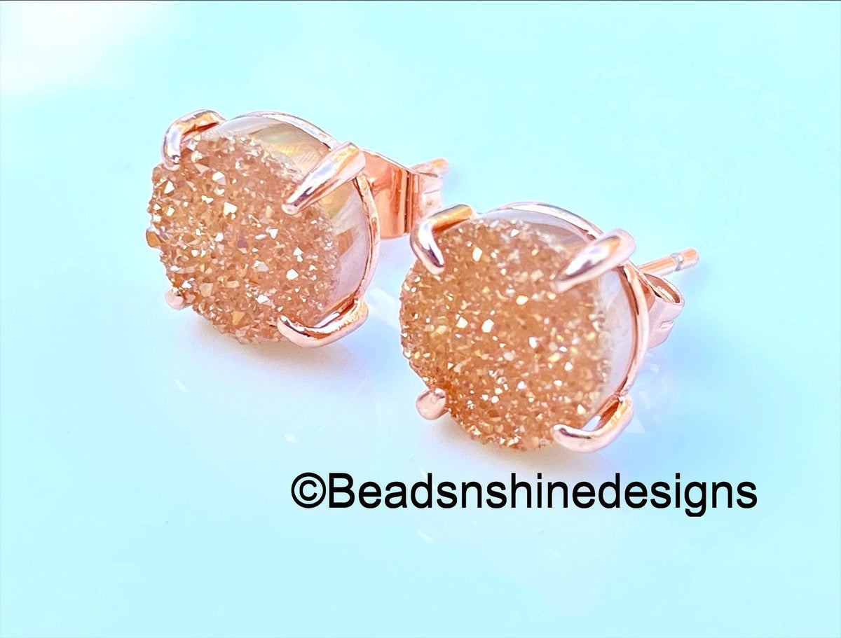 Rhodochrosite Druzy Stud Earrings