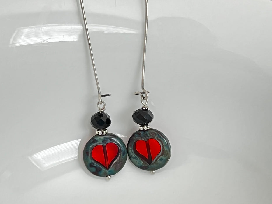 Valentines jewelry /heart earrings /czech glass earrings /gifts for her/ boho earrings