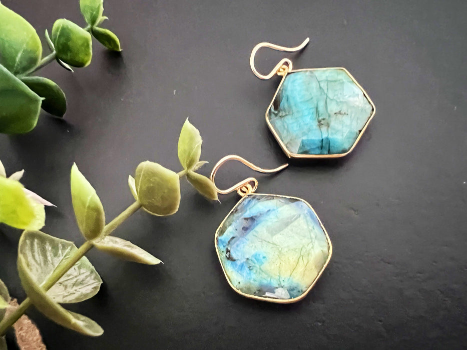 Statement earrings, Labradorite bezel earrings, natural stone earrings, 14k gold fill ear hooks