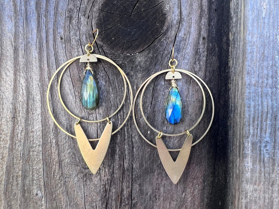 Statement earrings, Modern brass earrings, Labradorite drop earrings