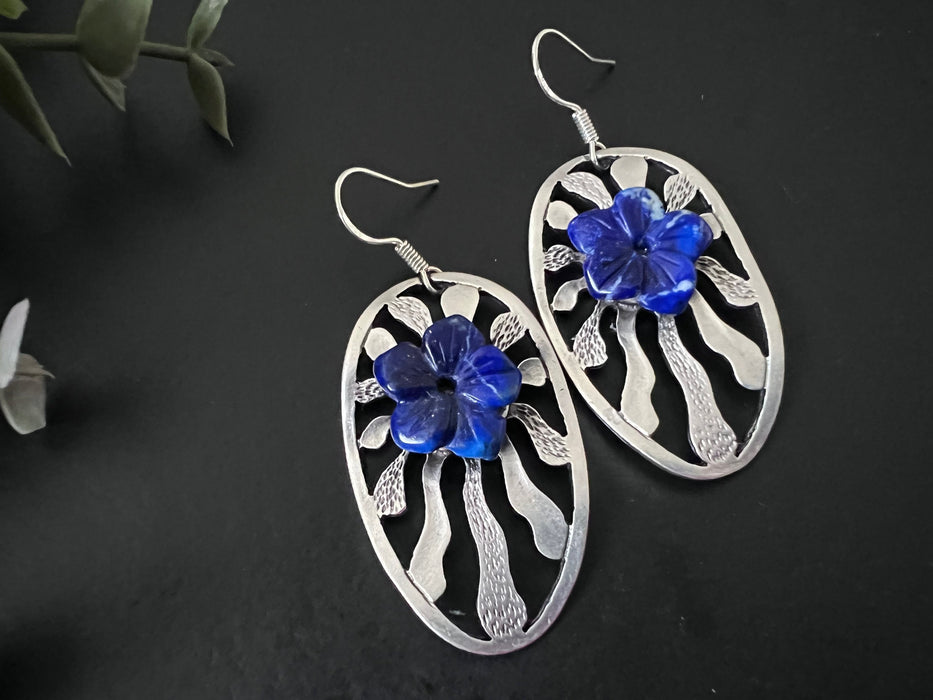 Statement earrings/ Boho earrings / antique silver metal earrings /Sun earrings / lapis lazuli earrings