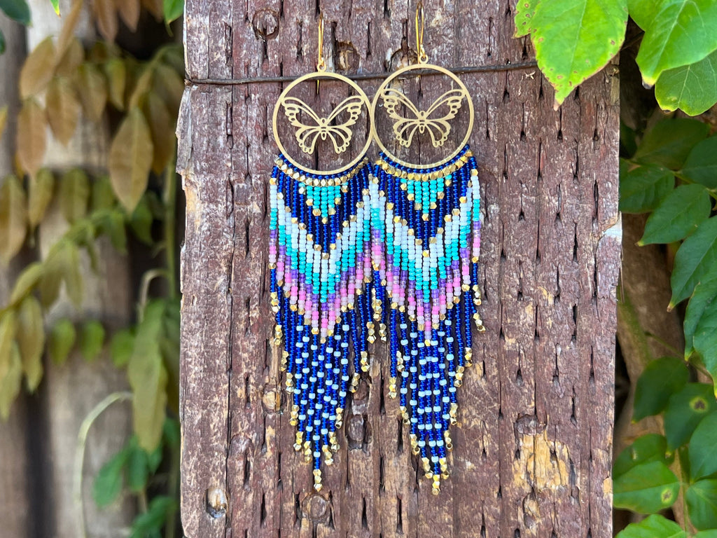 BOHEMIAN BEADED WINGS Earrings, Blue Beaded Earrings, Large Earrings, Long outlets Earrings, Beaded Butterfly Earrings, Glass bead Earring